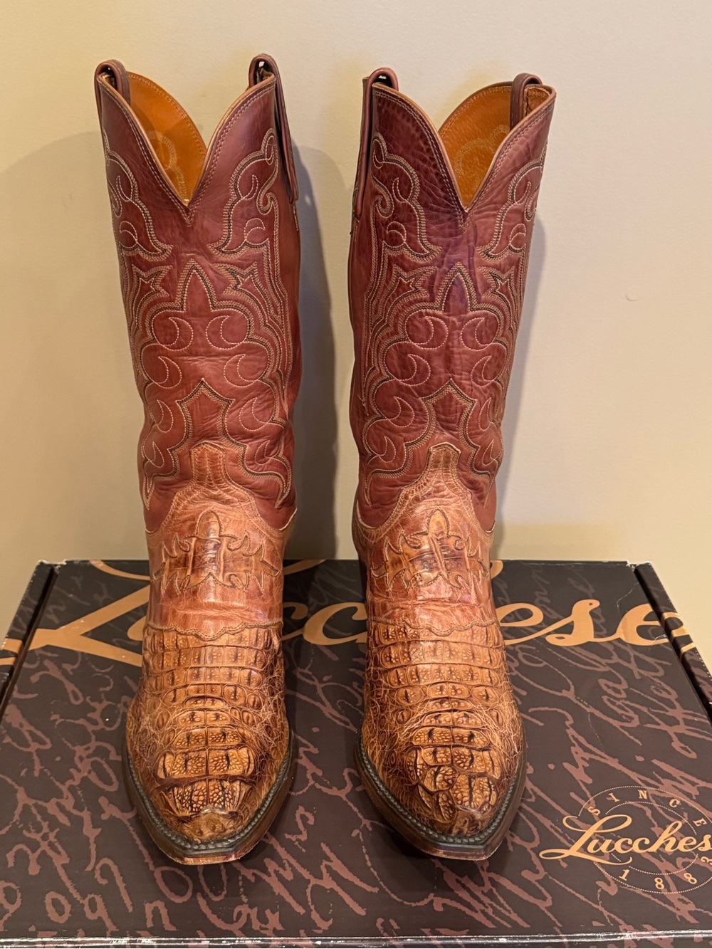 Lucchese Caiman Two-Tone Brown Tan Exotic Leather Cowboy Boots-Men’s size 10.5 D